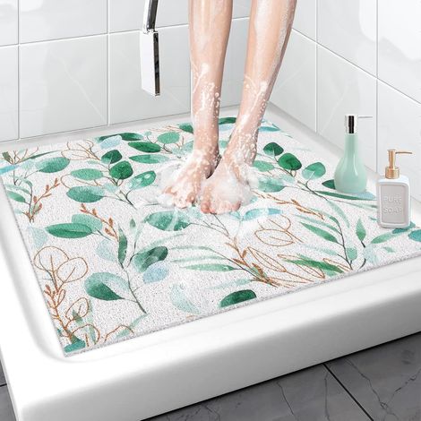 Tapis de Douche Antidérapant 70x70cm Tapis de Baignoire Carré avec Drainage, Anti Moisissure Tapis de Bain, Luffa PVC Doux pour Salle de Bain, Séchage Rapide (Feuilles Vertes, 70x70 cm) (1/5)