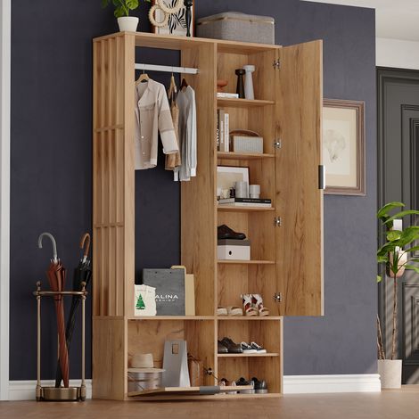 Armoire d'entrée 10033190 cm, meuble de couloir 6-en-1, pour suspendre les manteaux, meuble d'entrée avec étendoir à linge, penderie avec miroir, largeur 100 cm, armoire avec porte inférieure, couleur (1/5)