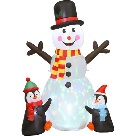 Bonhomme de neige et pingouins gonflable de Noël - Outsunny - lumières LED - intérieur, extérieur - polyester - 180 cm - multicolore