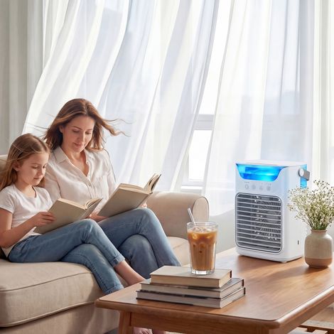 Ventilateur table 3 vitesses lumière RGB tête réglable, blanc