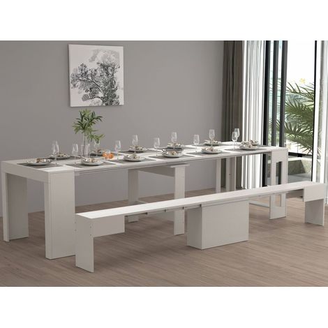 Dmora - Panca Yutu, Seduta per tavolo da pranzo, Panca singola allungabile, 290x25h45 cm, Bianco (1/5)