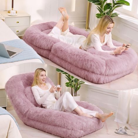 [Nouveautés] [Vidéo disponible] Lit pour humain et chien, canapé relax, fauteuil de jeu réglable en 5 positions, idéal pour le salon, le jeu, la méditation et la détente, en tissu peluche, rose (1/5)