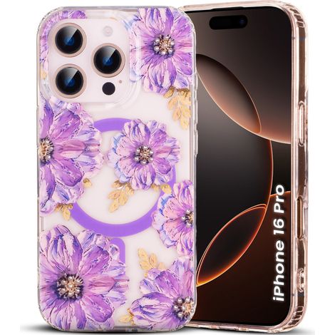 Funda para iPhone 16 Pro, diseño de flor láser, compatible con MagSafe, color violeta. (1/4)