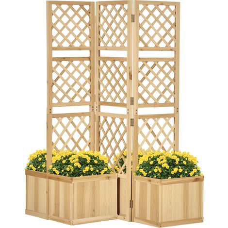 Paravent de jardin, brise-vue, pliable en trois parties, 4 jardinières, bois massif, couleur naturelle, 133 x 62 x 165 cm