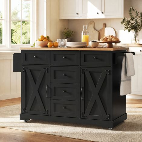 Isla de cocina plegable con gran espacio de almacenamiento, negro HAVRYA (1/5)