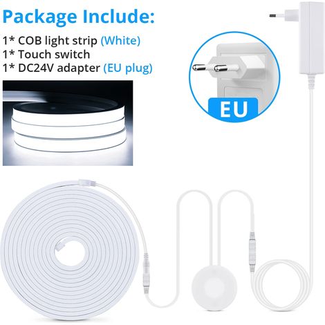 (Lumière blanche froide, 1 m) Bande lumineuse néon COB, DC24V, avec interrupteur à panneau tactile/à capteur portatif à intensité variable, étanche. (1/5)