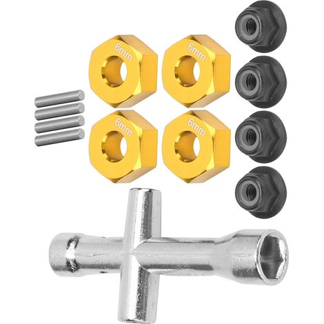 Adaptateur de moyeu hexagone 12mm, écrous de blocage M4 à bride 6mm avec clé en croix pour voiture RC 1/10, couleur or (1/5)