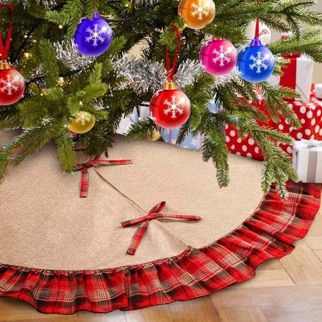 Jupe de sapin de Noël à carreaux Buffalo de 122 cm (48 pouces), bordure rouge et noire, jupe de sapin en toile de jute pour décorations de Noël (1/3)