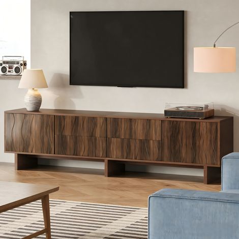 Mobile porta TV 180x40x56 cm con 4 cassetti e 2 ante, design ondulato, per TV fino a 75", noce (1/5)