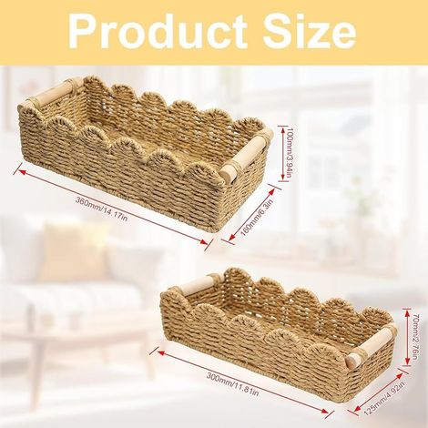 Lot de 2 paniers de rangement tressés avec poignées en bois, paniers de rangement pour papier toilette, décoration, table à langer, panier pour salle de bain, cuisine, salon, bureau (marron) (1/4)