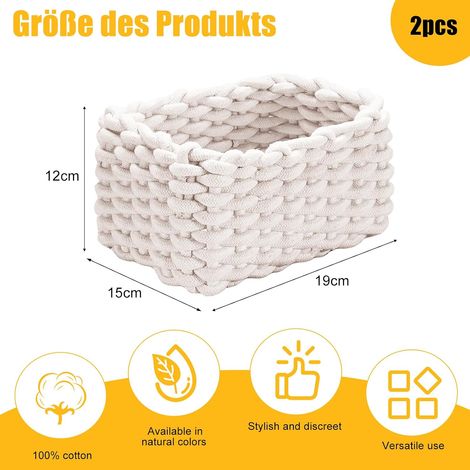 Panier de rangement tissé à la main JeiibrZui - 19 x 15 x 12 cm - Lot de 2 - Coton blanc - Idéal pour la chambre d'enfant et la salle de bain (1/5)