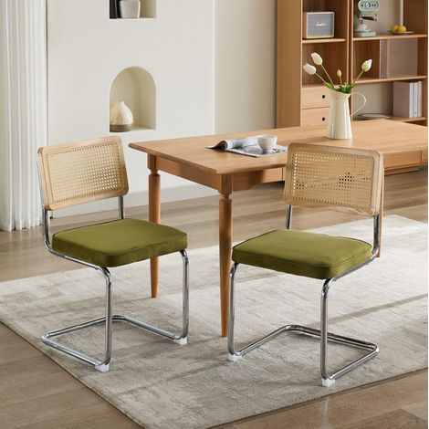 Silla de comedor con respaldo de ratán trenzado tono roble, de terciopelo, verde oliva (1/5)