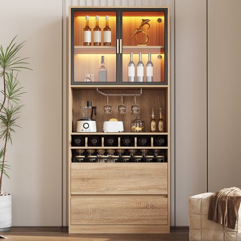 Vitrine vitrée, avec éclairage LED et 2 tiroirs, compartiments ouverts, bois, 80 x 40 x 180 cm, Naturel