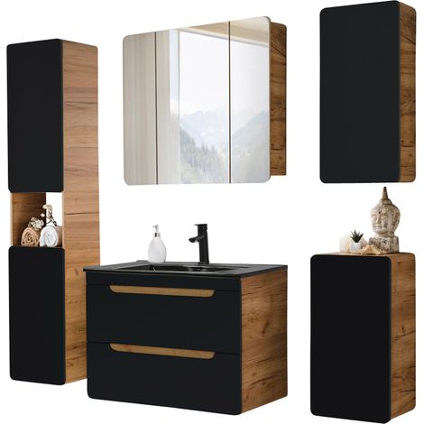 Badmöbel Komplettset in seidenmatt anthrazit mit Wotan Eiche Nb. NEW-LUTON mit 81 cm Keramik-Waschtisch & LED-Spiegelschrank, B/H/T ca. 180/200/46 cm (1/5)