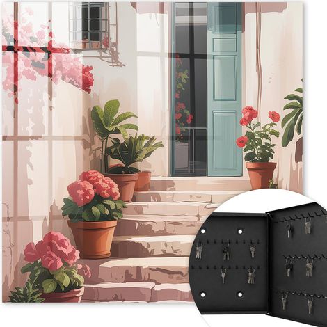 Armoire à clés - (30 cm x 30 cm) - Boîte à clés murale - Coffret de rangement pour clés - Couleur noire - Ouverture vers la droite - Pour maison et bureau - Escalier fleuri (1/5)