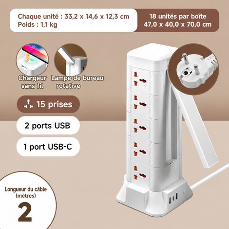 Multiprise tour verticale 5 étages 15 prises avec USB, lampe et charge sans fil câble 2 m blanc b25 2 45 15 14,5 × 12,5 × 33 cm 1,05 kg – Livraison gratuite