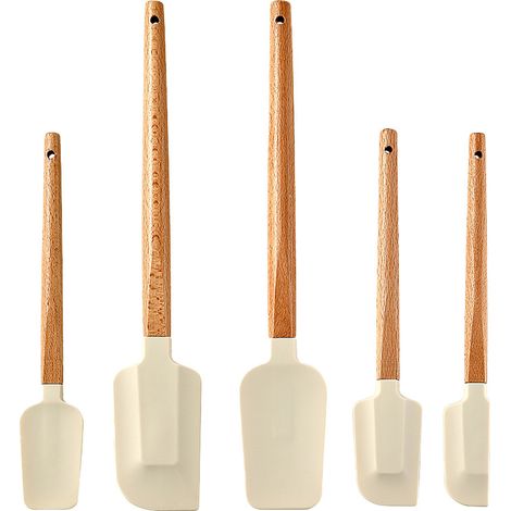 Lot de 5 spatules de cuisson en silicone avec manche en bois – Différentes tailles, résistantes à la chaleur et antiadhésives pour la pâtisserie et la cuisine (1/5)