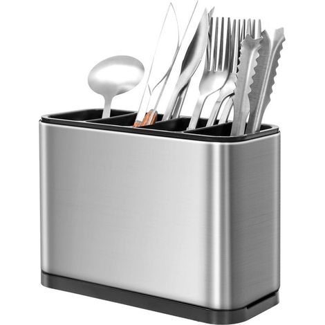 Range Couverts 4 Compartiments Rangement Cuisine, Porte Ustensiles Organiseurs, Range couverts Anti dérapant en acier inoxydable avec Égouttoir amovib (1/5)