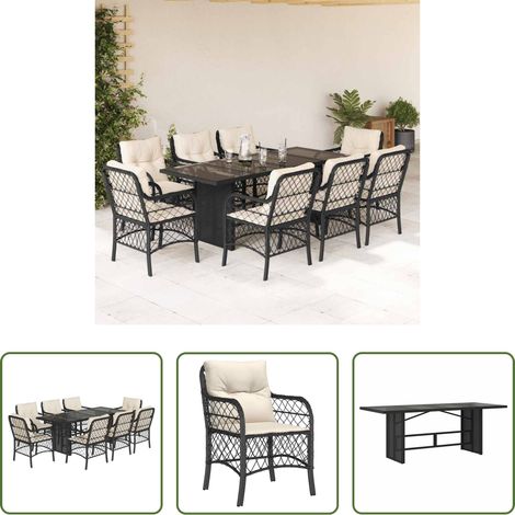 vidaXL Gartenstuhl - 9-tlg. Garten-Essgruppe mit Kissen Schwarz Poly Rattan (1/5)