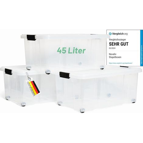 Novaliv 3x boîtes de rangement avec couvercle, grand 45L, transparent, emboîtable, empilable avec fermeture à clip, boîtes à roulettes, plastique