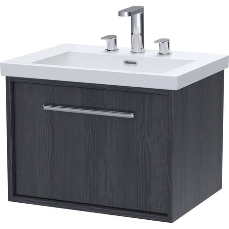 Sturbridge Contemporary 1 Drawer Wall Hung Vanity Unit with 3 Tap Hole Fireclay Basin , 600mm, Graphite Grey Woodgrain