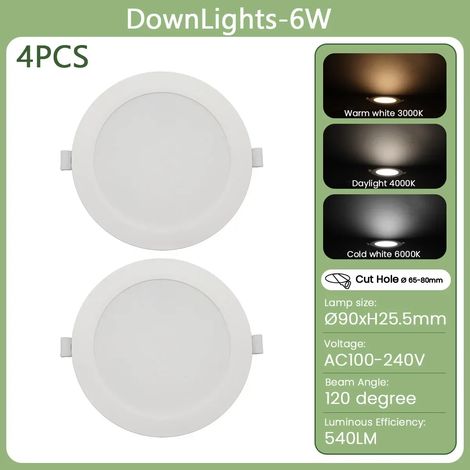 (6 watts, lumière naturelle 4000K) Deux plafonniers LED encastrés, adaptés à l'éclairage intérieur de la maison. (1/4)