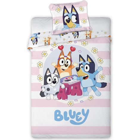 PARURE DE LIT ENFANT BLUEY - 100% COTON - HOUSSE DE COUETTE 100X135 CM + TAIE D'OREILLER 40X60 CM - MOTIF BLUEY, BINGO ET MUFFIN