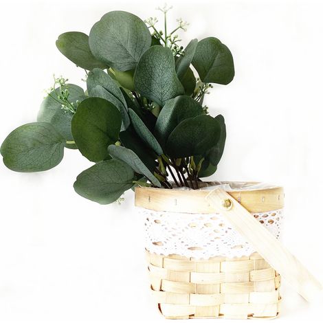 [Künstliches Laub] [24er-Set] [Runde Eukalyptusblätter mit weißen Blüten] [Festliche Dekoration] [35 cm] [Robuster Kunststoff] [Blumenkreationen] (1/5)