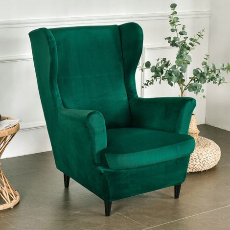 HOUSSE DE FAUTEUIL À OREILLES EN VELOURS ÉLASTIQUE VERT BOUTEILLE [22E8] (1/5)