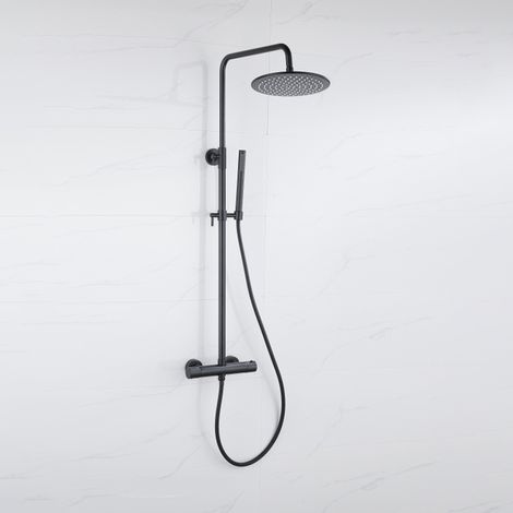 FugaFlow Eccelente Ensemble de douche de tête - thermostatique - douche de tête 30cm - flexible lisse - douchette à main sur barre - noir mat (1/5)