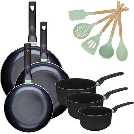 Lot de 3 poêles 24/28/30 cm et 3 casseroles 16/18/20 cm Fackelmann Brandao avec 5 ustensiles de cuisine Océan (1/5)