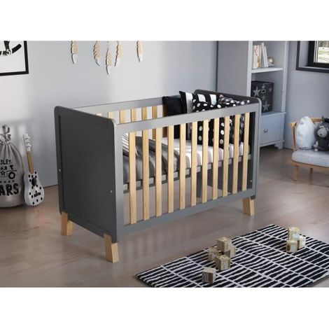 Lit bébé grey-pine 120x60 cm avec Matelas en Mousse,Lit evolutif Bebe barrière de sécurité en Bois (1/4)