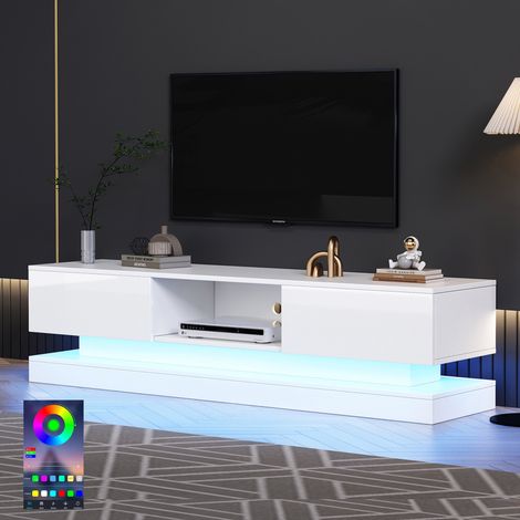 Meuble TV 160 cm, avec éclairage LED, 2 tiroirs, compartiment, laqué brillant, style campagne, app, rectangulaire, meuble salon en bois - Blanc (1/5)