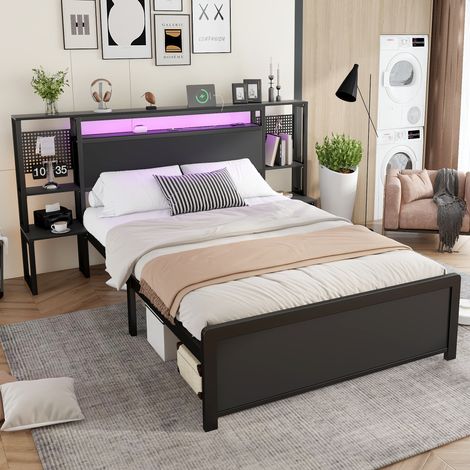 Metal Bed, Iron Bed, 4ft6 double bed 135×190cm, With multi-color LED strip lights and charging port: 2 A-type and 1 C-type, One-piece bedside table, Black