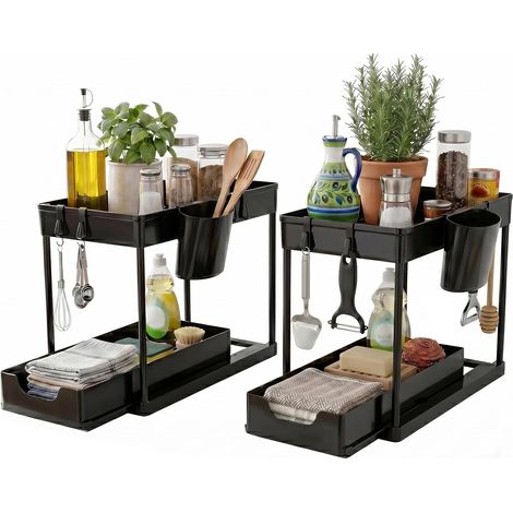 2 Pack Under Sink Organizer, 2 Tier with Drawers, Sliding Storage for Kitchen, Bathroom, Laundry - Space Saver, Black (1/5)