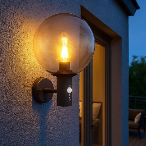 LED Wandleuchte mit Bewegungsmelder Außenlampe mit Bewegungsmelder anthrazit Haus Außenbeleuchtung Edelstahl , Kugel, 1x E27 Filament LED warmweiß, LxBxH 26,5x25x37 cm