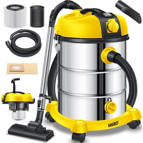 MASKO® Industriestaubsauger Staubsauger Nass Trocken Sauger Edelstahl 2300W + Steckdose  Blasfunktion  Trocken-Saugen & Nass-Saugen  Push&Clean   Gelb
