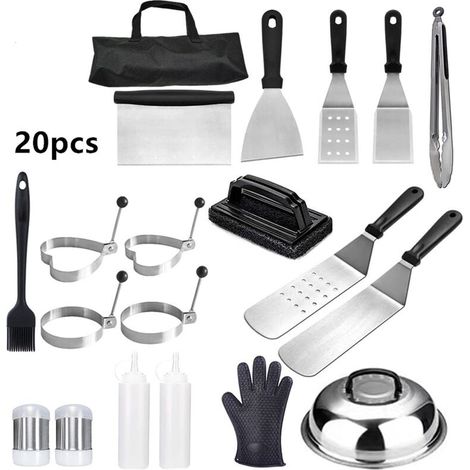royaluxe - Kit Spatule Barbecue , 20 Pièces Accessoires Barbecue Ustensiles pour BBQ Spatules Set et Grattoir à Gril Flipper Acier Inoxydable (1/5)