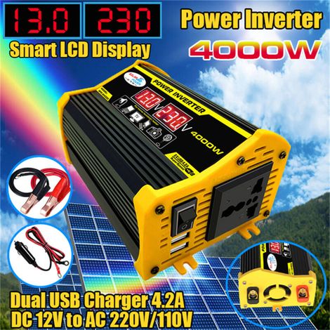 Inversor portátil para coche, transformador de 12 V CC a 110/220 V CA, 4000 W, onda sinusoidal modificada, dos puertos USB, pantalla LED.