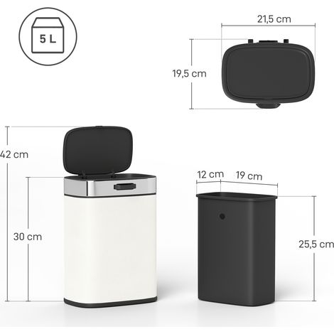 Poubelle de 5 L, sur pied ou murale, en acier inoxydable, blanc crème (1/5)