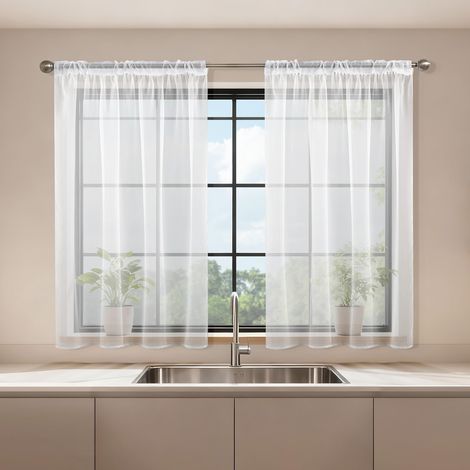 Lot de 2 Rideau Voilage Fenetre Blanc 90x120 cm(LxH) avec Galon Fronceur, Transparent Moderne Rideaux et Draperies Décorations Intérieurs Cuisine Salon Chambre Élégant Romantique (1/5)