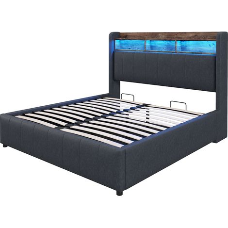 Lit rembourré 140200cm avec éclairage LED et prise USB, tête de lit avec étagères et espace de rangement, relevage hydraulique, lit double pour adultes, tissu en lin gris (1/5)