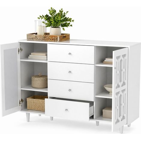 Buffet miroir blanc 2 portes et 4 tiroirs avec poignées cristal, meuble de salon et salle à manger élégant en MDF, pieds bois, 147,5 x 40 x 102 cm CHICFURN (1/5)