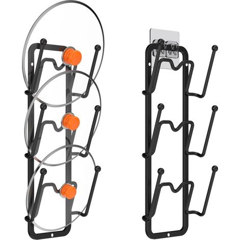 Juego de 2 soportes para tapas de sartenes, para montaje en pared o puerta, autoadhesivos/taladro.