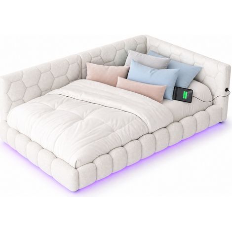 Divano letto 90x200 cm in velluto bianco con luce LED ambientale a 16 colori, porta USB e Type-C, stile moderno per camera da letto e soggiorno, CHICFURN (1/5)