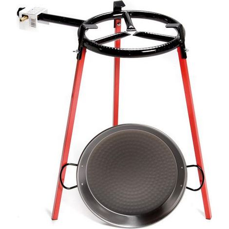 Set paëlla 42 cm en acier poli – Réchaud diffuseur 30 cm avec 3 pieds – Hauteur 65.5 cm – Pour 6 à 8 personnes – Vaello Campos