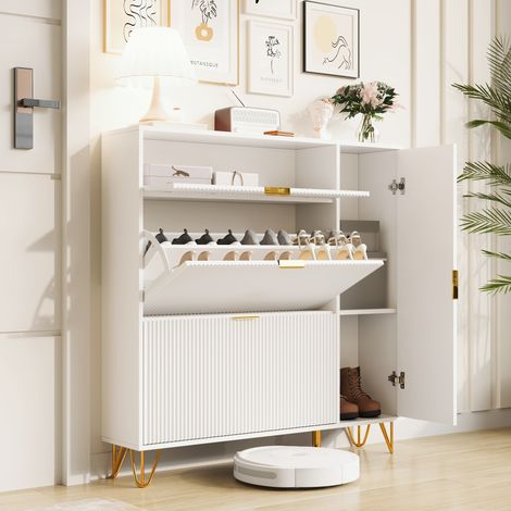 Tanant – Meuble à chaussures 110 cm – 3 niveaux avec portes de rangement – Charnières de sécurité – Poignées dorées – MDF blanc – Dimensions 110x24x120 cm