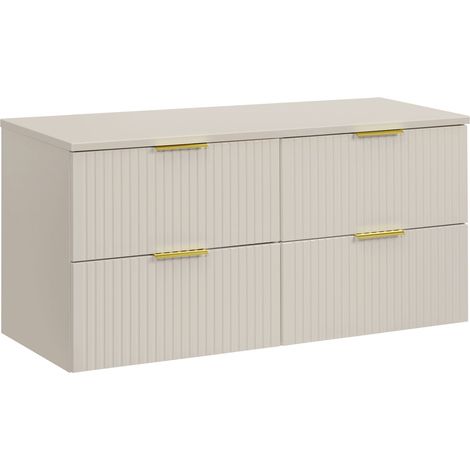 Furnidea - Meuble de salle de bain suspendu sous double vasque avec plan 120 cm ADEL CACHEMIRE - 4 tiroirs, façades rainurées (1/5)