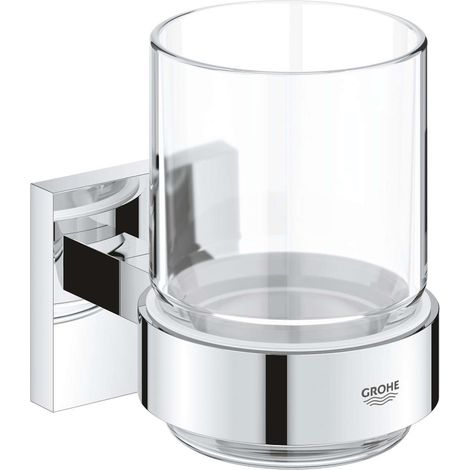 Grohe QuickFix Start Cube - Zahnbürsten- und Zahnpastabecher mit Halterung, Glas/verchromt 41097000 (1/6)