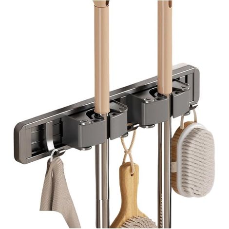 Estante de pared para fregonas y escobas,Estante de almacenamiento resistente y duradero para artículos de limpieza,2 ranuras,3 ganchos (1/5)